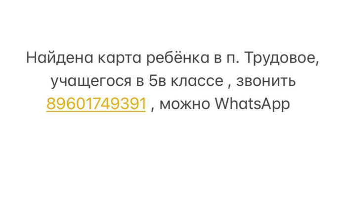 Найдена Карта ребёнка в п. Трудовое, учащегося в 5в классе